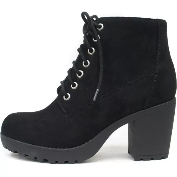 Soda Second Lug Sole Chunky Heel Combat Ankle Bootie Lace up wSide ZipperBlack Imitation Suede