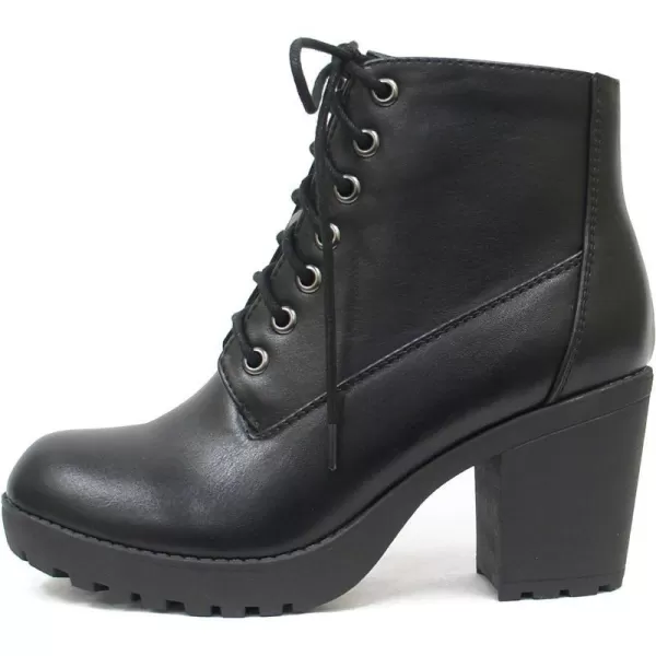 Soda Second Lug Sole Chunky Heel Combat Ankle Bootie Lace up wSide ZipperBlack Pu