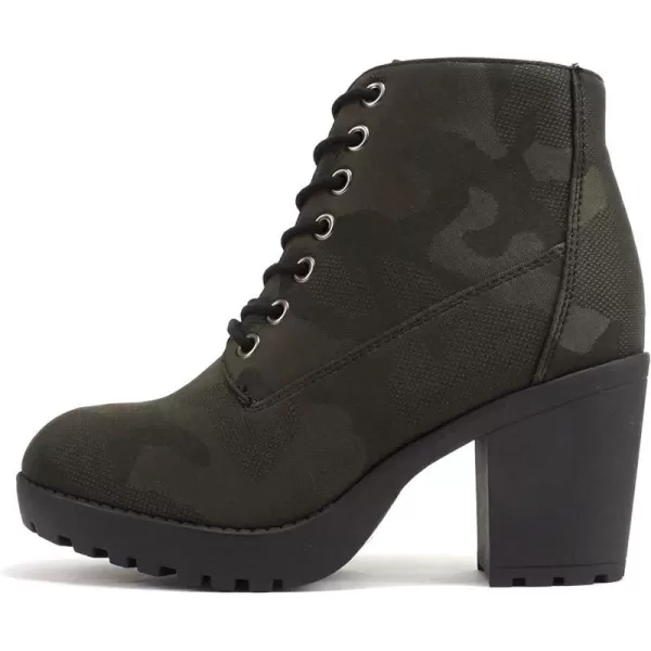 Soda Second Lug Sole Chunky Heel Combat Ankle Bootie Lace up wSide ZipperCamouflage