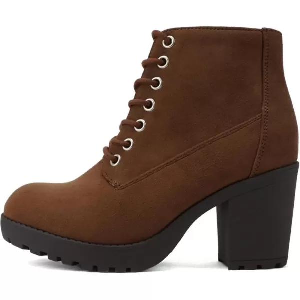 Soda Second Lug Sole Chunky Heel Combat Ankle Bootie Lace up wSide ZipperChestnut Imitation Suede