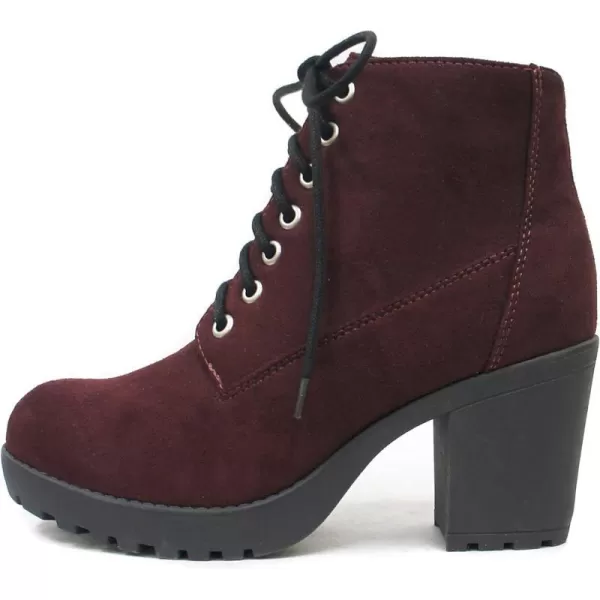 Soda Second Lug Sole Chunky Heel Combat Ankle Bootie Lace up wSide ZipperDark Wine Imitation Suede