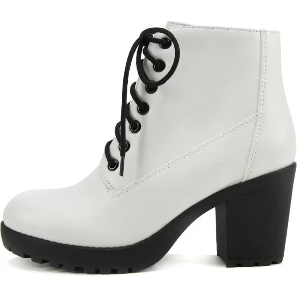 Soda Second Lug Sole Chunky Heel Combat Ankle Bootie Lace up wSide ZipperWhite Pu