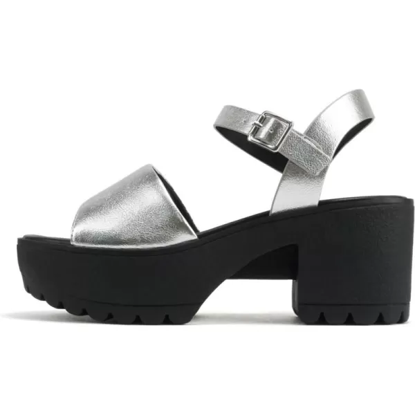 Soda Stacie  Women Open Toe Lug Sole Mid Block Heeled Sandals with Adjustable Ankle StrapSilver Pu