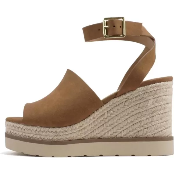 Soda Stella  Women Square Peep Toe Single Band Platform Espadrille Wedge Sandals with Adjustable Ankle StrapDark Tan Nubuck