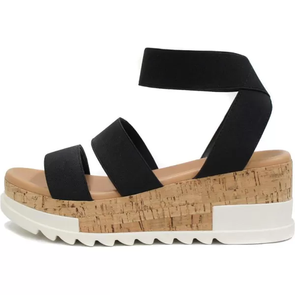 Soda Style Madyson  Slip On Open Toe Two Bands Elastic Ankle Strap Flatform Wedge Casual Fashion Sandal with Cork Wrap BottomBlack