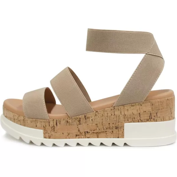 Soda Style Madyson  Slip On Open Toe Two Bands Elastic Ankle Strap Flatform Wedge Casual Fashion Sandal with Cork Wrap BottomWheat