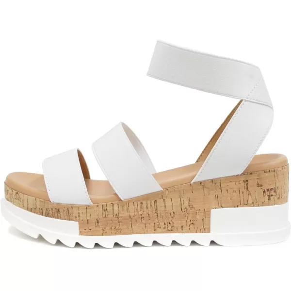 Soda Style Madyson  Slip On Open Toe Two Bands Elastic Ankle Strap Flatform Wedge Casual Fashion Sandal with Cork Wrap BottomWhite