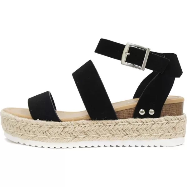 Soda Top Shoe Bryce Open Toe Buckle Ankle Strap Espadrilles Flatform Wedge Casual SandaBlack