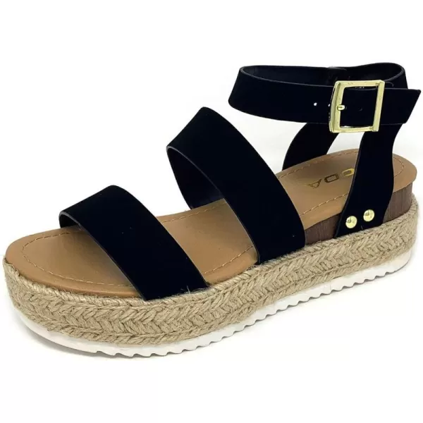 Soda Top Shoe Bryce Open Toe Buckle Ankle Strap Espadrilles Flatform Wedge Casual SandaBlack Nbpu