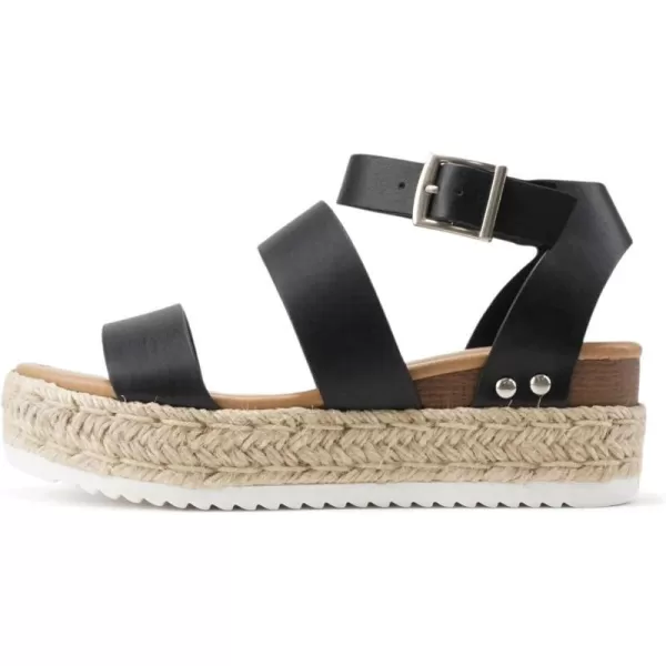 Soda Top Shoe Bryce Open Toe Buckle Ankle Strap Espadrilles Flatform Wedge Casual SandaBlack Pu