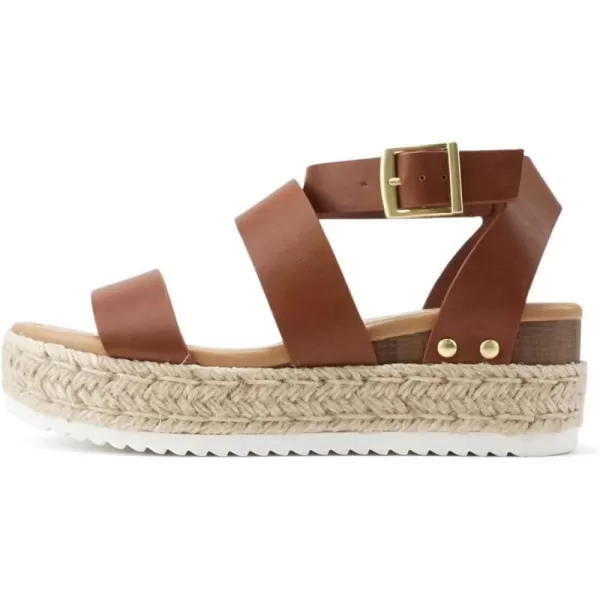 Soda Top Shoe Bryce Open Toe Buckle Ankle Strap Espadrilles Flatform Wedge Casual SandaCognac Pu