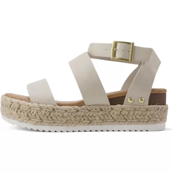 Soda Top Shoe Bryce Open Toe Buckle Ankle Strap Espadrilles Flatform Wedge Casual SandaIvory Pu