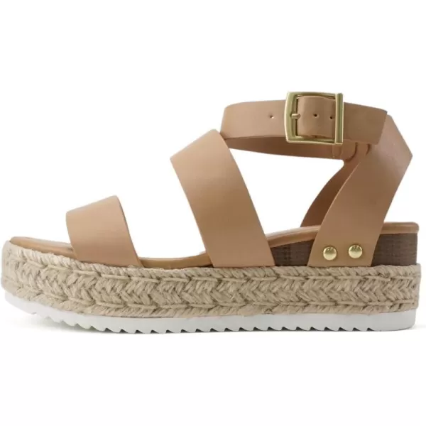 Soda Top Shoe Bryce Open Toe Buckle Ankle Strap Espadrilles Flatform Wedge Casual SandaNatural Pu