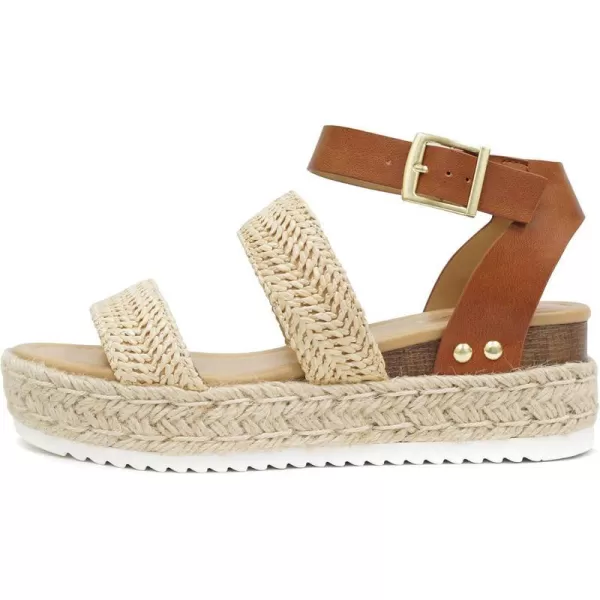 Soda Top Shoe Bryce Open Toe Buckle Ankle Strap Espadrilles Flatform Wedge Casual SandaNaturalTan Raffia