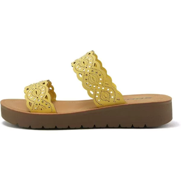 Soda VIENNA  Fun amp vibrant platform slip on sandal with ridged bottom amp beautifully scalloped straps with iridescent beading detail Perfect summer beach shoesYellow Nbpu