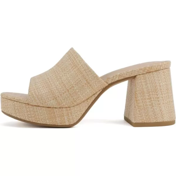 Soda Zafer  Women Square Toe Single Band Upper Medium Heel Platform Slide SandalNatural Raffia