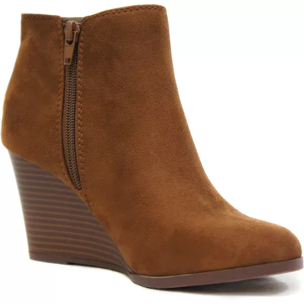 Soda Ability  Mid Ankle Bootie wSplit Shaft and Zipper Stacked Wedge HeelCognac