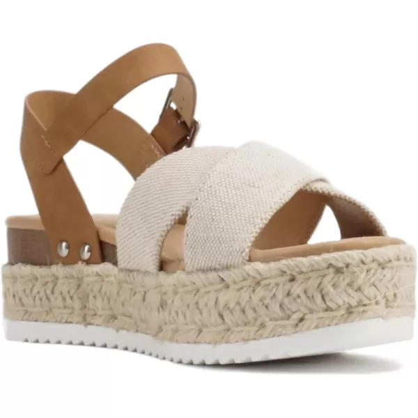 Soda FIRELY  Women Round Toe Crisscross Band Platform Espadrille Wedge Sandal with Adjustable Ankle StrapBeige CanvasTan