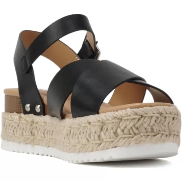 Soda FIRELY  Women Round Toe Crisscross Band Platform Espadrille Wedge Sandal with Adjustable Ankle StrapBlack Pu