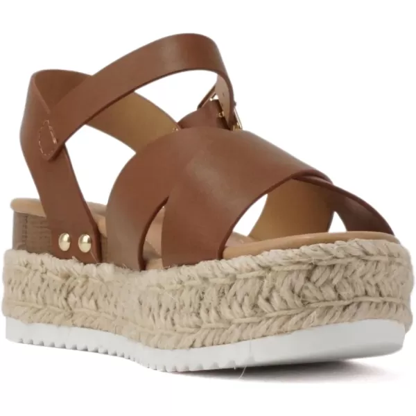 Soda FIRELY  Women Round Toe Crisscross Band Platform Espadrille Wedge Sandal with Adjustable Ankle StrapTan Pu