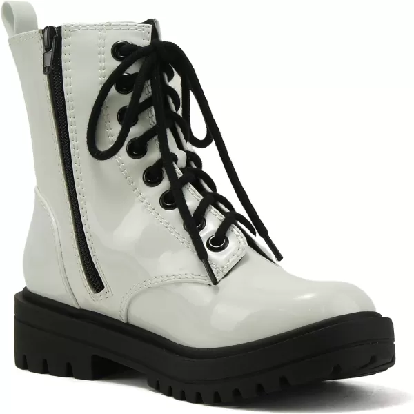 Soda FIRM  Lug Sole Combat Ankle Bootie Lace up wSide ZipperWhite Patent