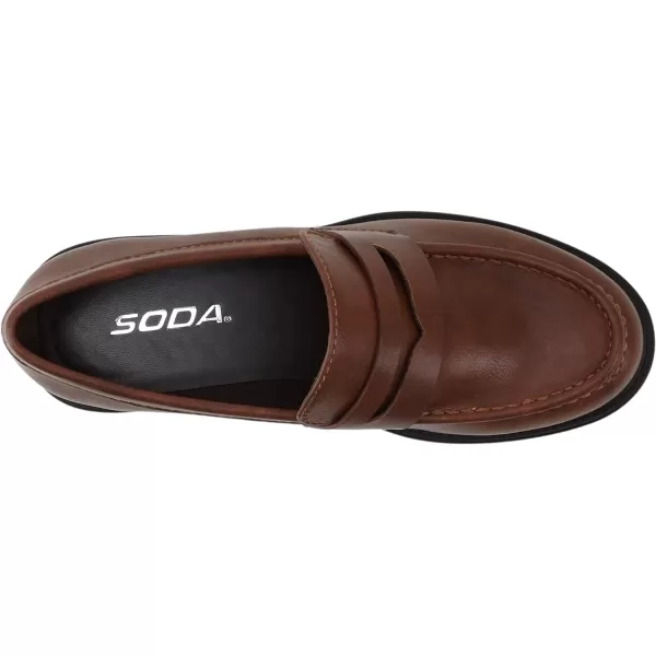 Soda HENDER  Women Round Toe Low Heel Lug Sole Platform Penny Loafer ShoeCognac Pu