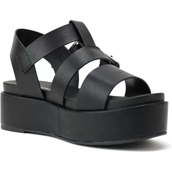 Soda STELLAR  Women Flatform Multi Strap Double Buckle Open Toe Ankle Strap Platform Wedge SandalsBlack Pu