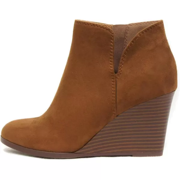 Soda Ability  Mid Ankle Bootie wSplit Shaft and Zipper Stacked Wedge HeelCognac