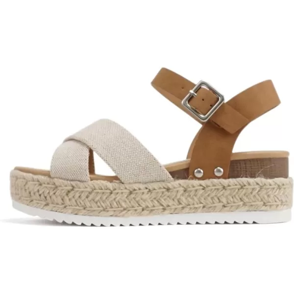 Soda FIRELY  Women Round Toe Crisscross Band Platform Espadrille Wedge Sandal with Adjustable Ankle StrapBeige CanvasTan