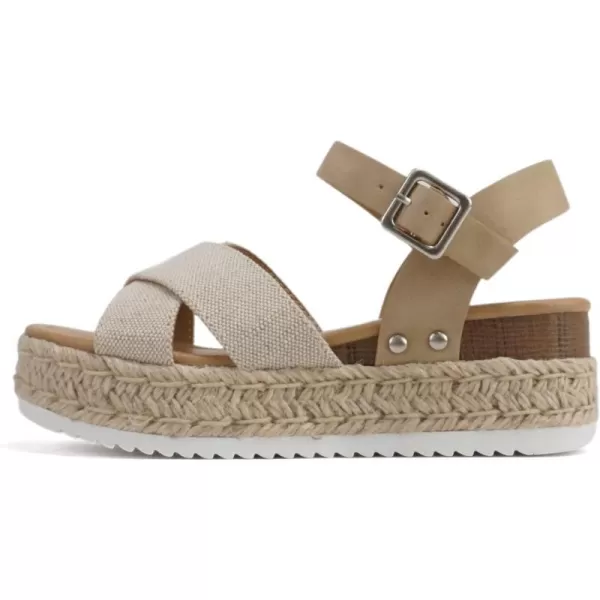 Soda FIRELY  Women Round Toe Crisscross Band Platform Espadrille Wedge Sandal with Adjustable Ankle StrapBeige CanvasTaupe