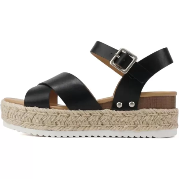 Soda FIRELY  Women Round Toe Crisscross Band Platform Espadrille Wedge Sandal with Adjustable Ankle StrapBlack Pu