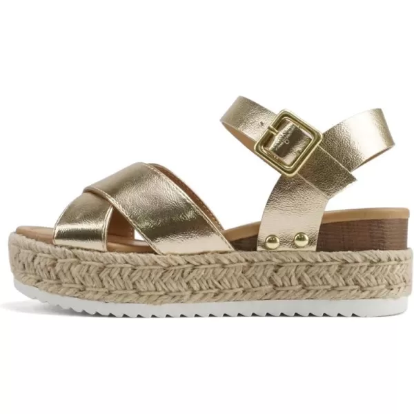 Soda FIRELY  Women Round Toe Crisscross Band Platform Espadrille Wedge Sandal with Adjustable Ankle StrapLight Gold