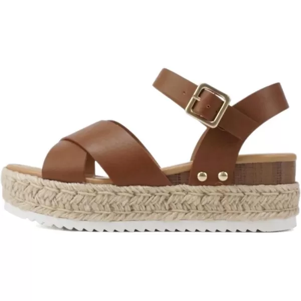 Soda FIRELY  Women Round Toe Crisscross Band Platform Espadrille Wedge Sandal with Adjustable Ankle StrapTan Pu