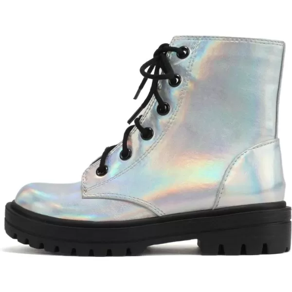 Soda FIRM2 KIDSCHILDRENGIRLS Lug Sole Fashion Combat Ankle Bootie Lace up wSide ZipperSilver Iridescent