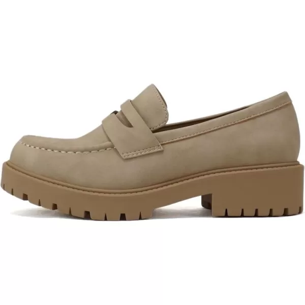 Soda HENDER  Women Round Toe Low Heel Lug Sole Platform Penny Loafer ShoeBeige Nubuck