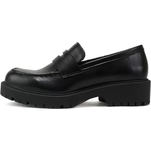 Soda HENDER  Women Round Toe Low Heel Lug Sole Platform Penny Loafer ShoeBlack Pu