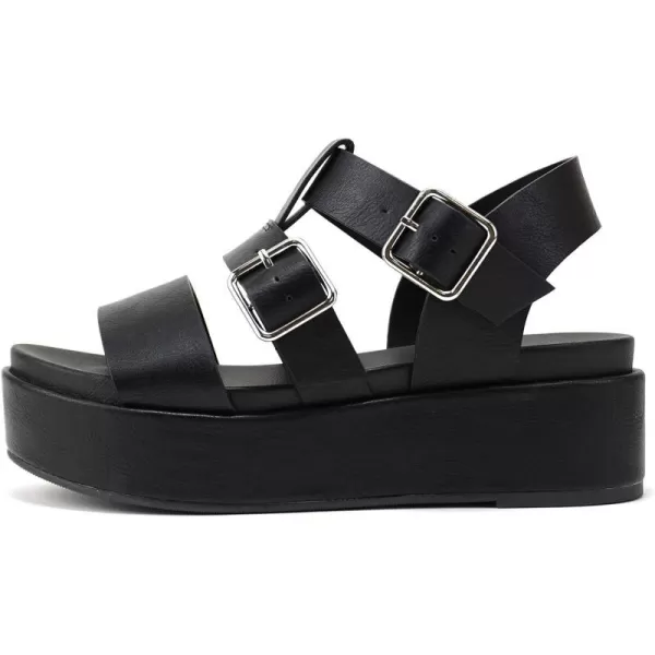 Soda STELLAR  Women Flatform Multi Strap Double Buckle Open Toe Ankle Strap Platform Wedge SandalsBlack Pu