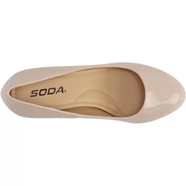 Soda ANDI  Women Closed Round Toe SlipOn Comfortable Cushion Insole Mid Heel Pump ShoeBeige Patent