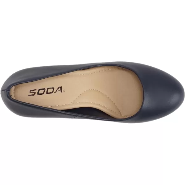 Soda ANDI  Women Closed Round Toe SlipOn Comfortable Cushion Insole Mid Heel Pump ShoeNavy Pu