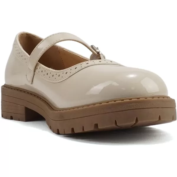 Soda FLIP2  Little KidsChildrenGirls Round Close Toe Wingtip Mary Jane Buckle Strap Lug Sole Low Heel ShoeBone Patent