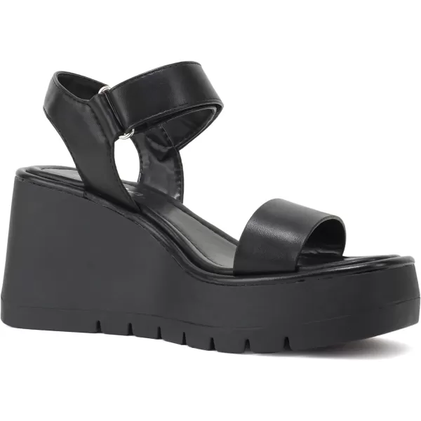 Soda HITTO  Women Open Square Toe Single Band Velcro Ankle Strap Lug Sole Wedge SandalBlack Pu