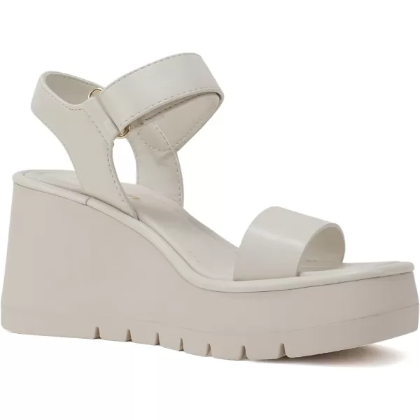 Soda HITTO  Women Open Square Toe Single Band Velcro Ankle Strap Lug Sole Wedge SandalOff White Pu