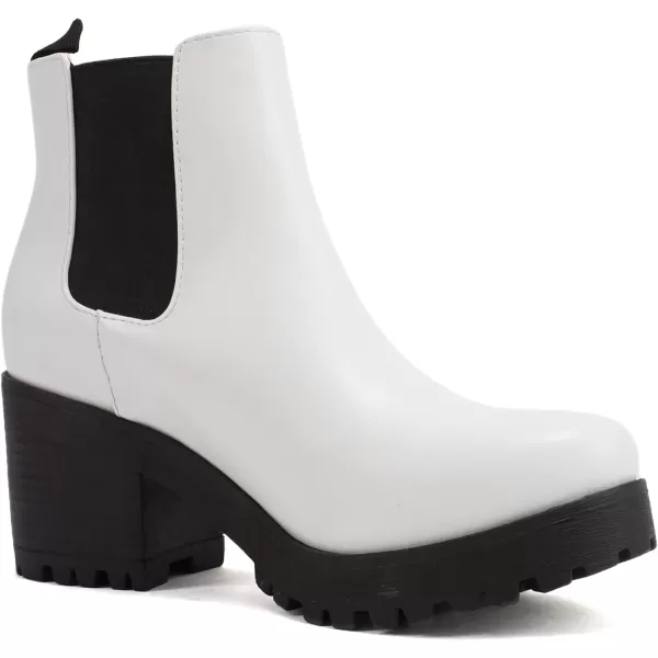 Soda JABER  WOMEN LUG SOLE MID HEEL FASHION ANKLE BOOTIE WDOUBLE ELASTIC GOREWhite Pu