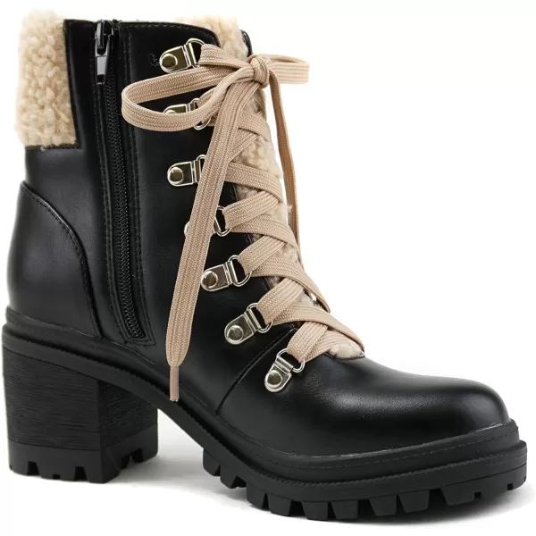 Soda KEYNOTE  Women Chunky Lug Sole Faux Fur DRing Laceup Fashion Combat Ankle Boot wSide ZipperBlack Pu