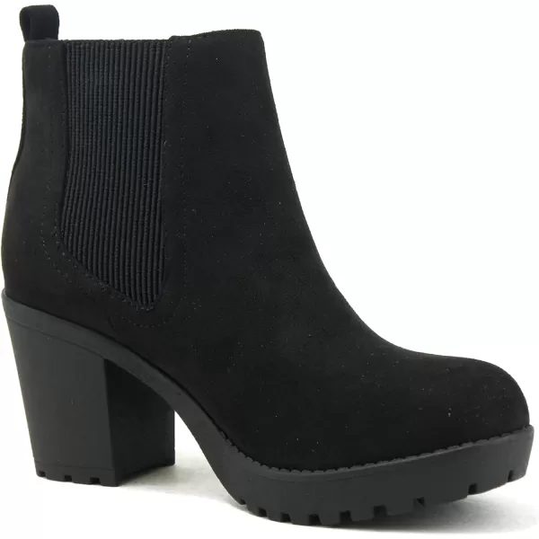 Soda PENSEE  Women Lug Sole Mid Heel Chelsea Fashion Ankle Bootie wDouble Elastic GoreBlack Suede