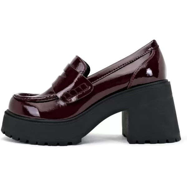 Soda AMP  Women Round Toe SlipOn Lug Sole High Heel Penny Loafer ShoeBurgundy Patent