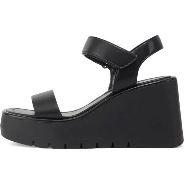 Soda HITTO  Women Open Square Toe Single Band Velcro Ankle Strap Lug Sole Wedge SandalBlack Pu