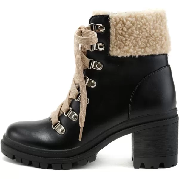 Soda KEYNOTE  Women Chunky Lug Sole Faux Fur DRing Laceup Fashion Combat Ankle Boot wSide ZipperBlack Pu