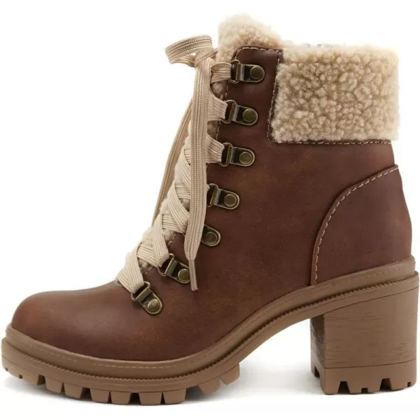 Soda KEYNOTE  Women Chunky Lug Sole Faux Fur DRing Laceup Fashion Combat Ankle Boot wSide ZipperLtbrown Pu