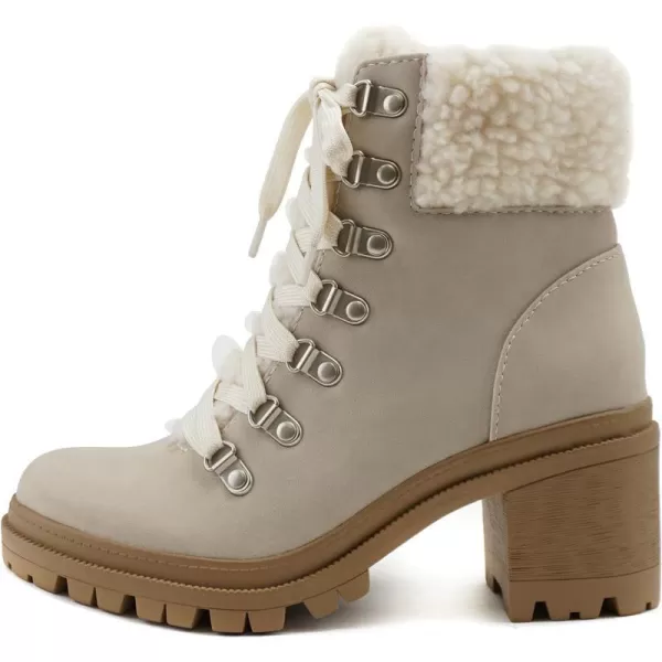 Soda KEYNOTE  Women Chunky Lug Sole Faux Fur DRing Laceup Fashion Combat Ankle Boot wSide ZipperSand Nubuck